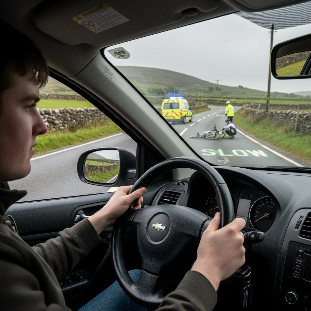 Driver sees ambulance and accident scene with cyclist on road.