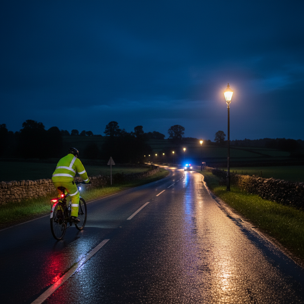Cyclist with lights and high-vis gear riding on a wet road at night