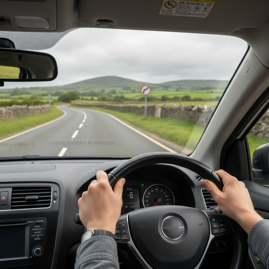 Hands on steering wheel driving on a winding Irish road through the countryside.