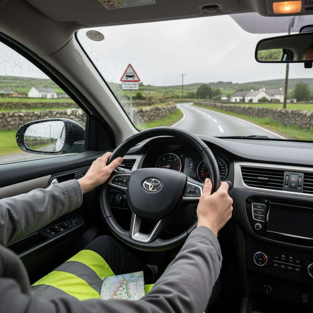 Driver's perspective of a road on a rainy day in Ireland