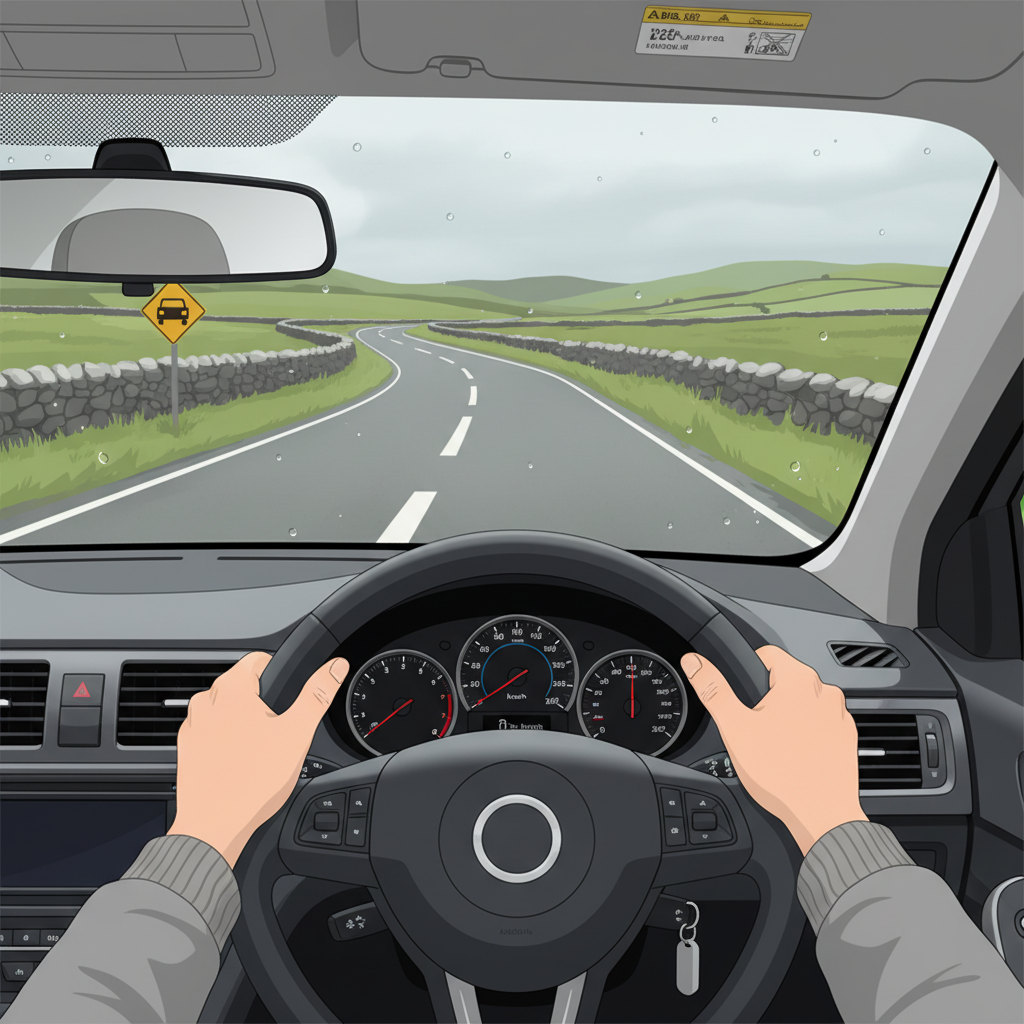 Driver's view of an Irish road through the windshield, hands on the steering wheel
